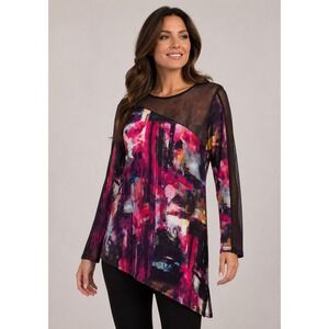 Jolibel Womens Top Mesh Assymetrical Hem Artsy Art  Watercolor‎ Size 10